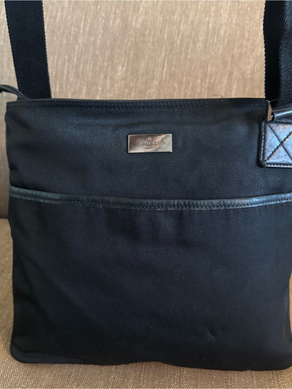 Gucci Black Nylon Messenger Bag with Metal Logo Plaque